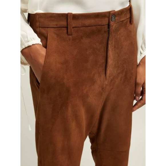 Nili Lotan 8 Goatskin Suede Paris Pants Drop Crotch Slouchy Leather Cognac Brown - Picture 9 of 16